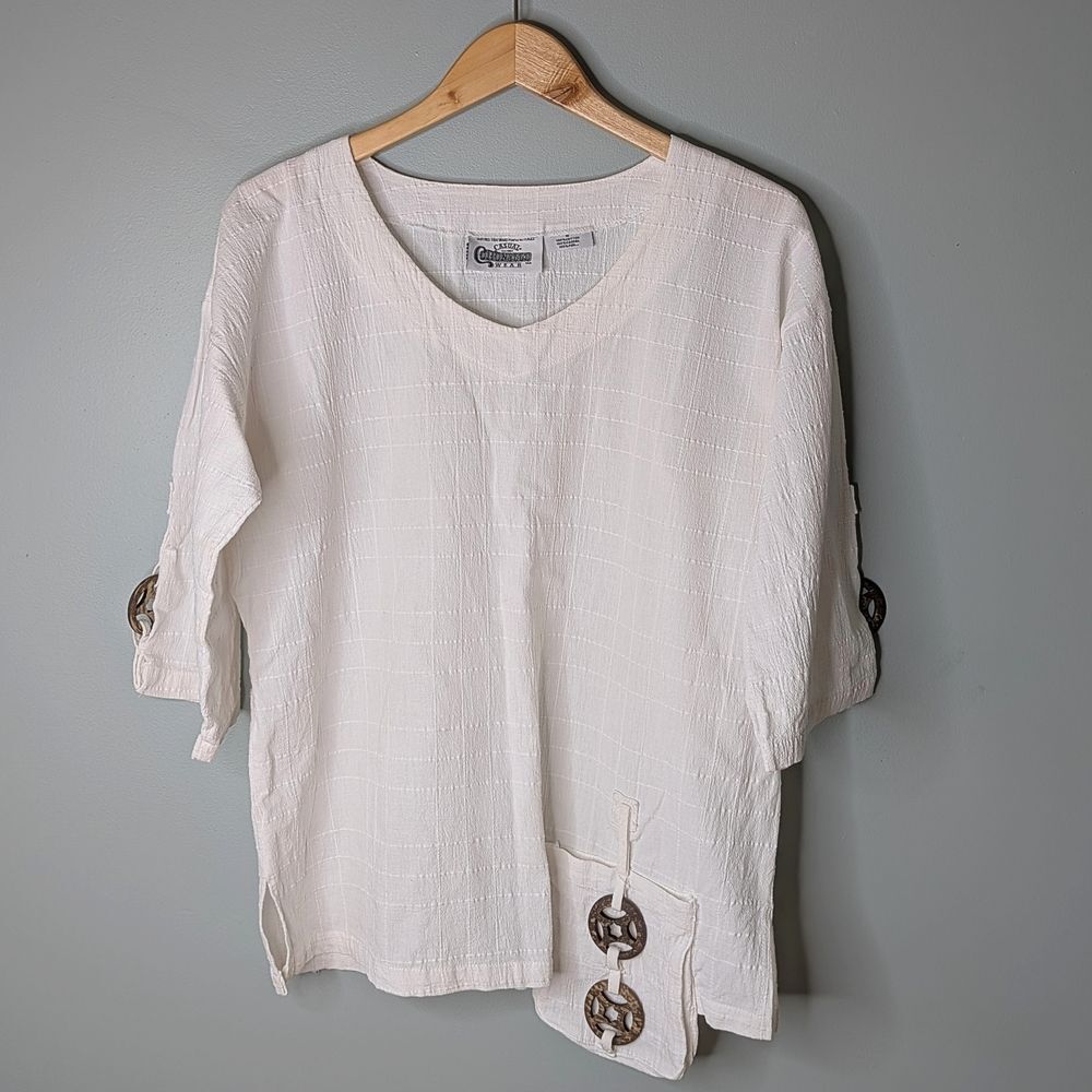 Casual Cottonseed Wear Textured White Cotton Short Sleeve Boxy V Neck Blouse M
